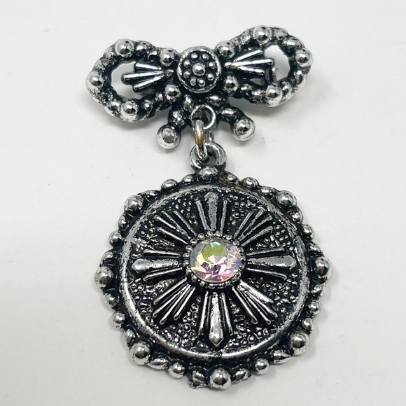 VIntage Bow Dangle Rhinestone Aurora Iridescent  Medallion Brooch - Picture 3 of 8